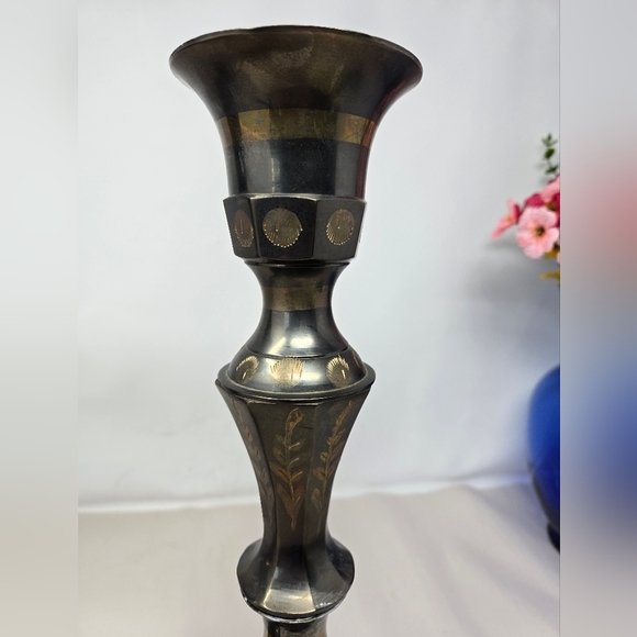 Pair of Vintage Solid Brass Etched Large Candle Holders Wide Bass Oxidation Tone - Picture 9 of 14